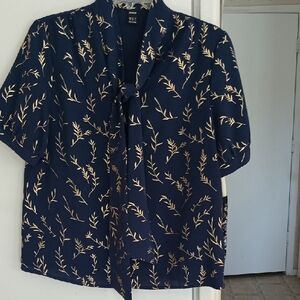 SHEIN Navy and Gold Leaf Print Blouse